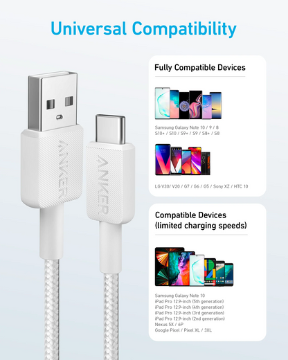 Data- og ladekabel USB-A - USB-C Anker 322, 18W, 1.8m, Hvit A81H6G21