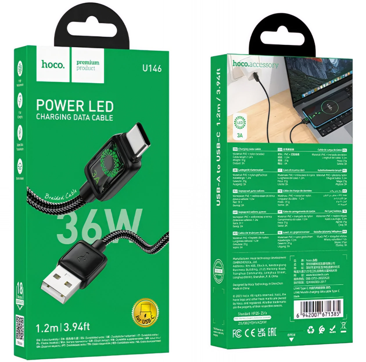 USB-A til USB-C data- og ladekabel HOCO U146, 36W, 1.2m, Svart