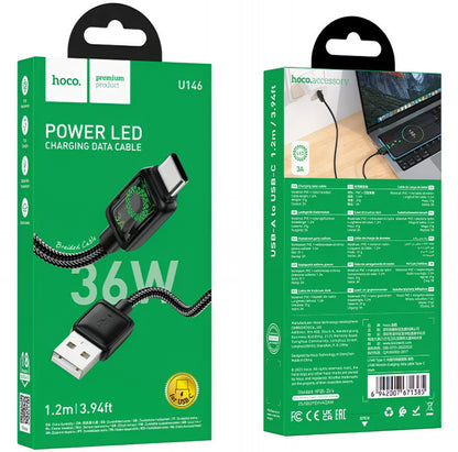 USB-A til USB-C data- og ladekabel HOCO U146, 36W, 1.2m, Svart