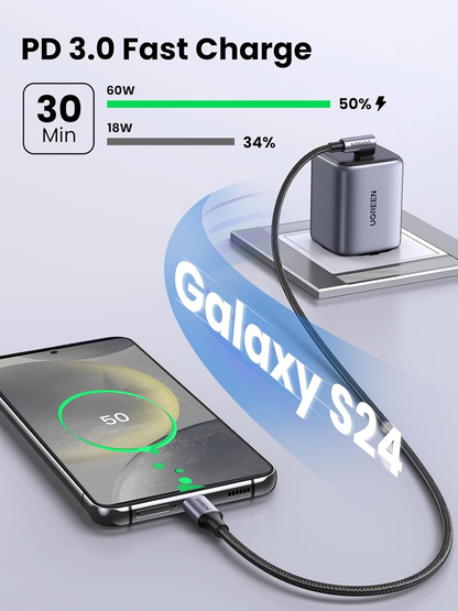USB-C til USB-C data- og ladekabel UGREEN US255 Angled, 60W, 3m, Grå