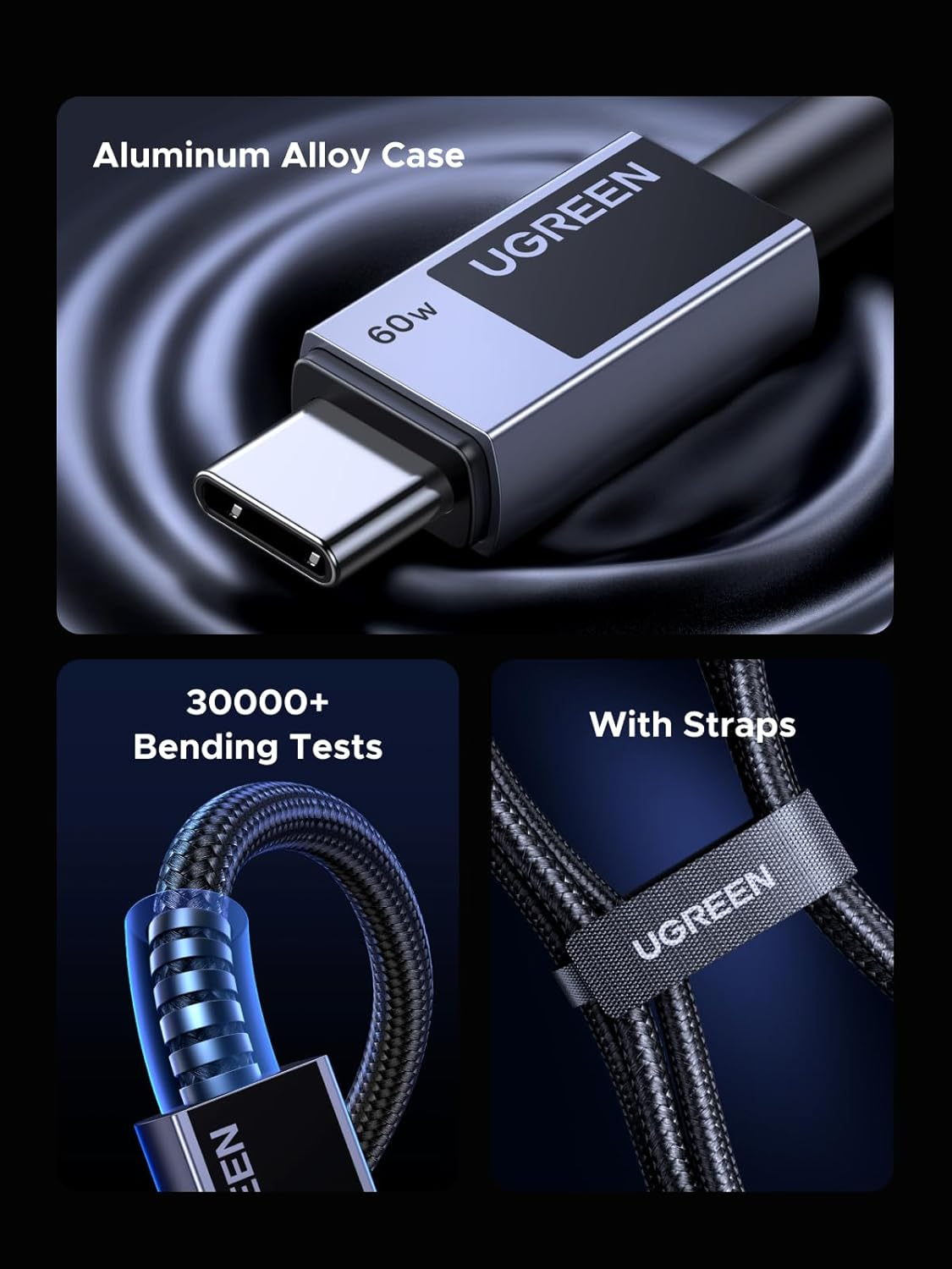 USB-C til USB-C data- og ladekabel UGREEN L524, 60W, 2m, Grå