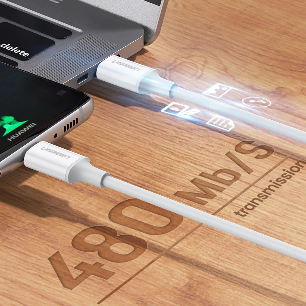 USB-C til USB-C data- og ladekabel UGREEN US264, 60W, 0.5m, Hvit
