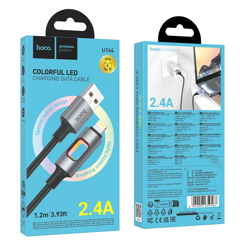 USB-A - Lightning HOCO U144 Led data- og ladekabel, 18W, 1.2m, Svart