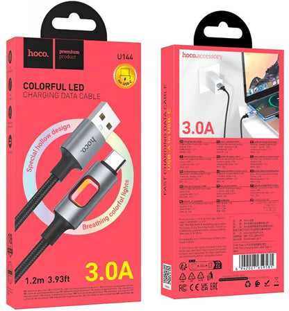 USB-A til USB-C HOCO U144 Led data- og ladekabel, 18W, 1.2m, Svart