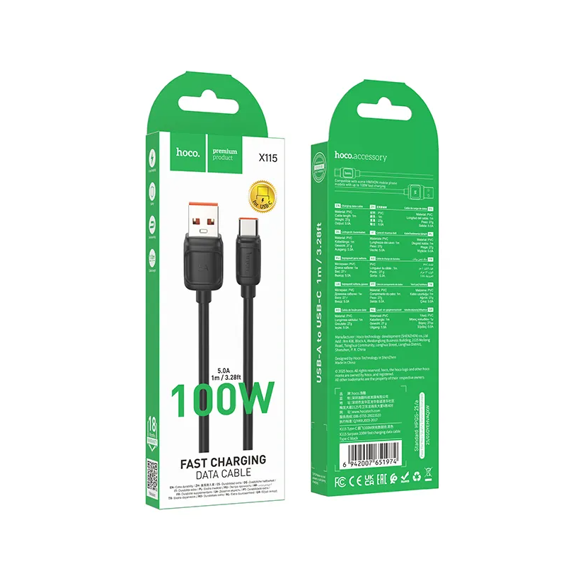 USB-A til USB-C datakabel og ladekabel HOCO X115, 100W, 1m, svart