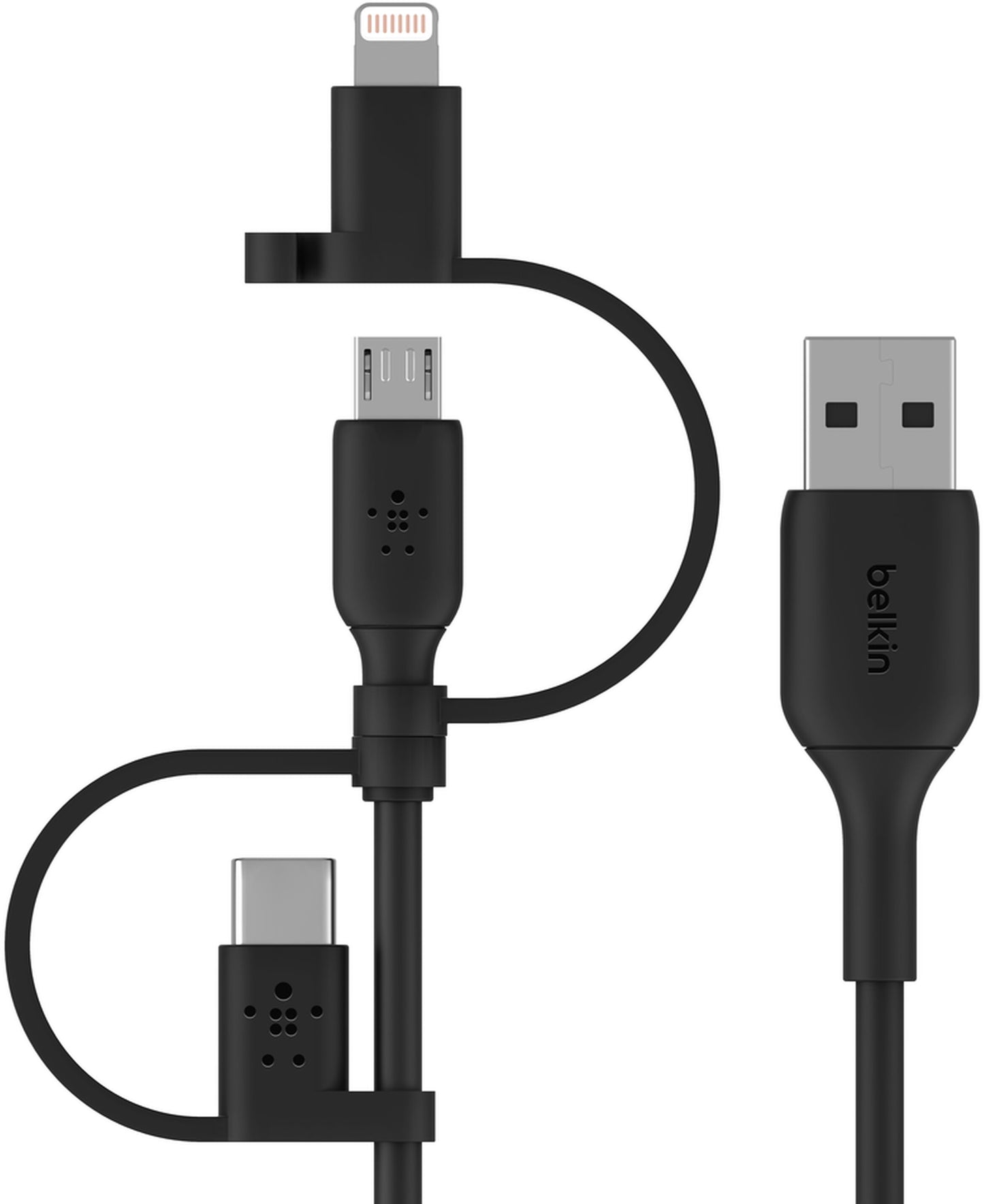 USB-A datakabel og ladekabel - Lightning / microUSB / USB-C Belkin BoostCharge, 1m, svart CAC001bt1MBK