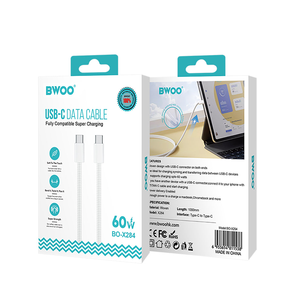 USB-C til USB-C data- og ladekabel BWOO BO-X284, 60W, 1m, Hvit