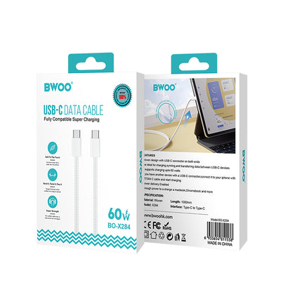 USB-C til USB-C data- og ladekabel BWOO BO-X284, 60W, 1m, Hvit