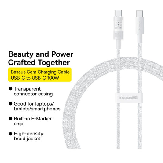 USB-C - USB-C Baseus Gem data- og ladekabel, 100W, 2m, Hvit P10373000211-01