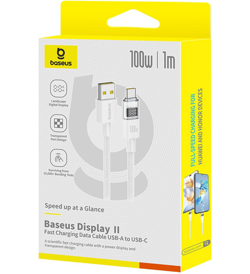 USB-A - USB-C Baseus Display 2 data- og ladekabel, 100W, 1m, Hvit P10382701211-00
