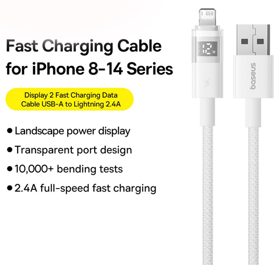 USB-A - Lightning Baseus Display 2 data- og ladekabel, 18W, 2m, Hvit P10382700211-01