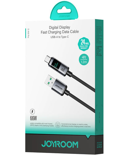 USB-A - USB-C Joyroom S-A16 Pro Prism Display data- og ladekabel, 66W, 1.2m, Svart