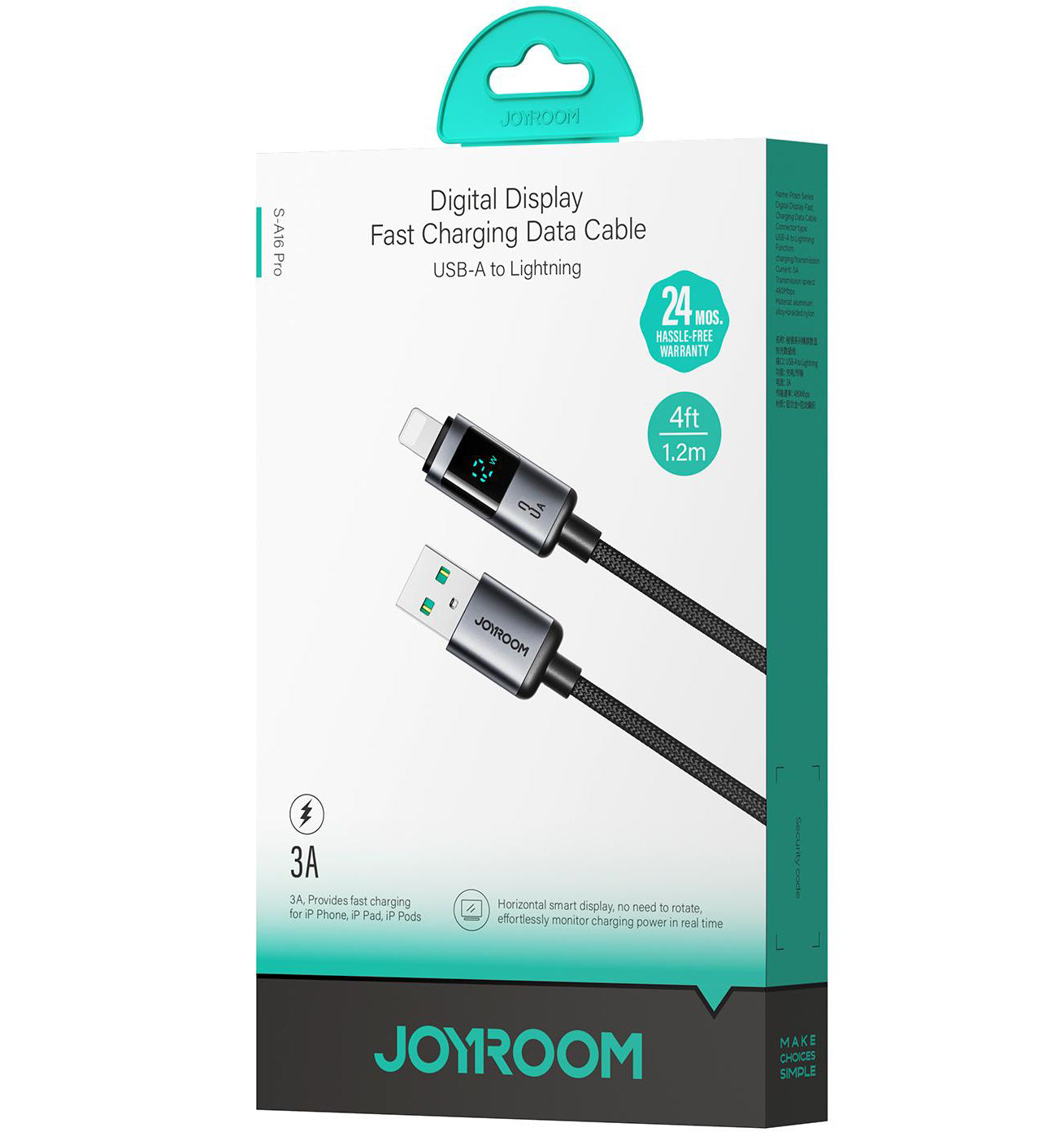 USB-A - Lightning Joyroom S-A16 Pro Prism Display data- og ladekabel, 12W, 1.2m, Svart