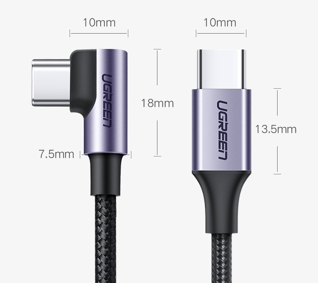 USB-C data- og ladekabel - USB-C UGREEN US255 USB-C vinklet, 60 W, 2 m, grå