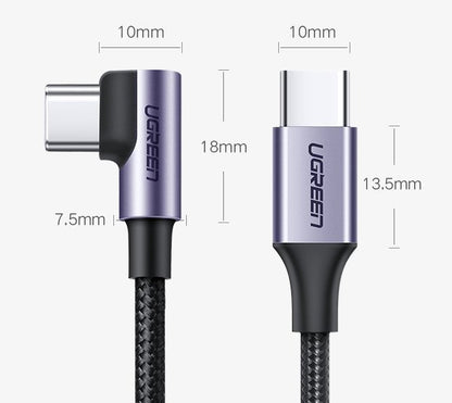 USB-C data- og ladekabel - USB-C UGREEN US255 USB-C vinklet, 60 W, 2 m, grå