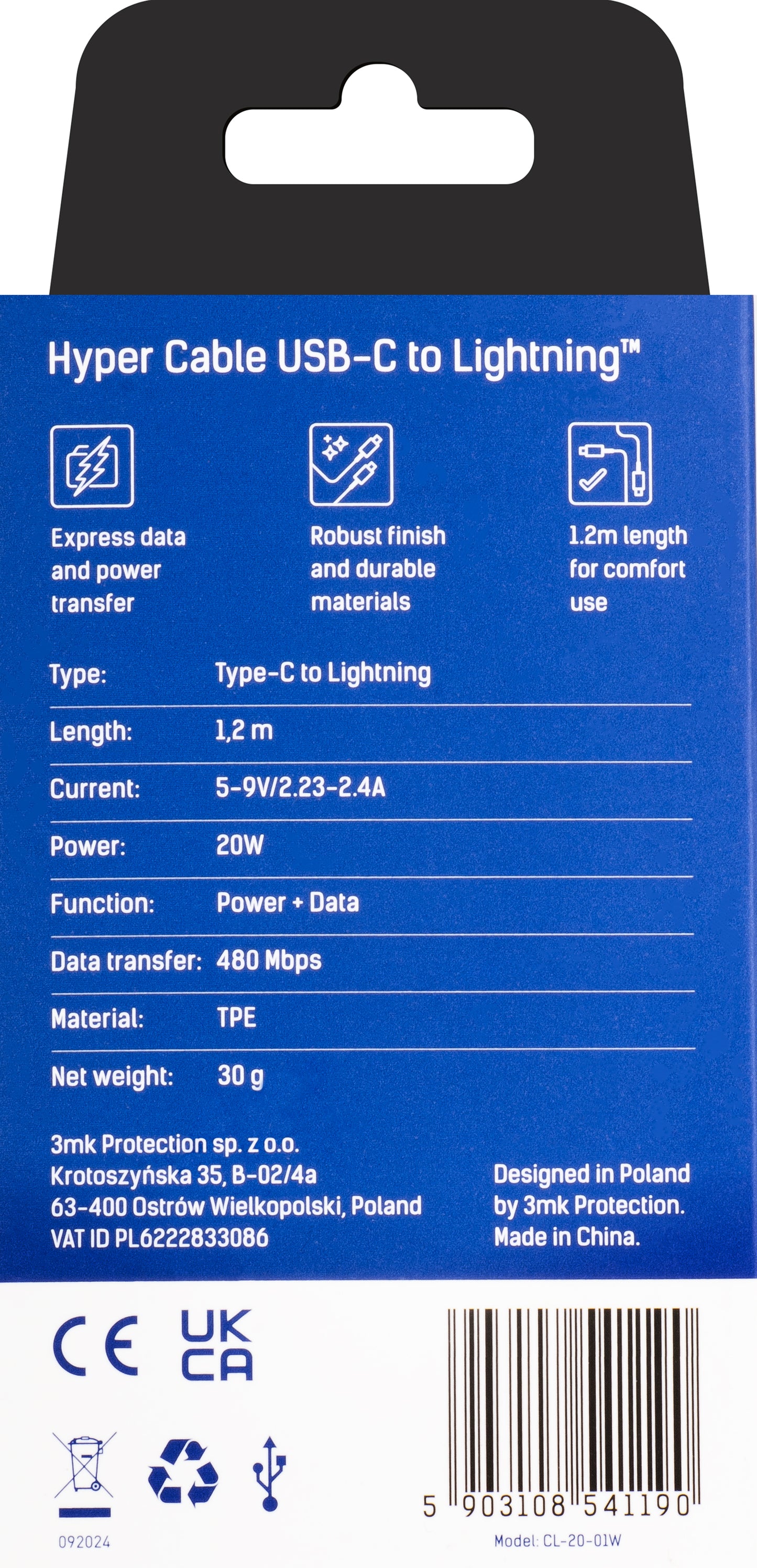 USB-C til Lightning datakabel og ladekabel 3MK Hyper, 20W, 1,2m, hvit