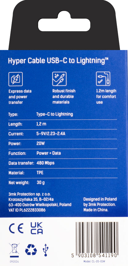 USB-C til Lightning datakabel og ladekabel 3MK Hyper, 20W, 1,2m, hvit