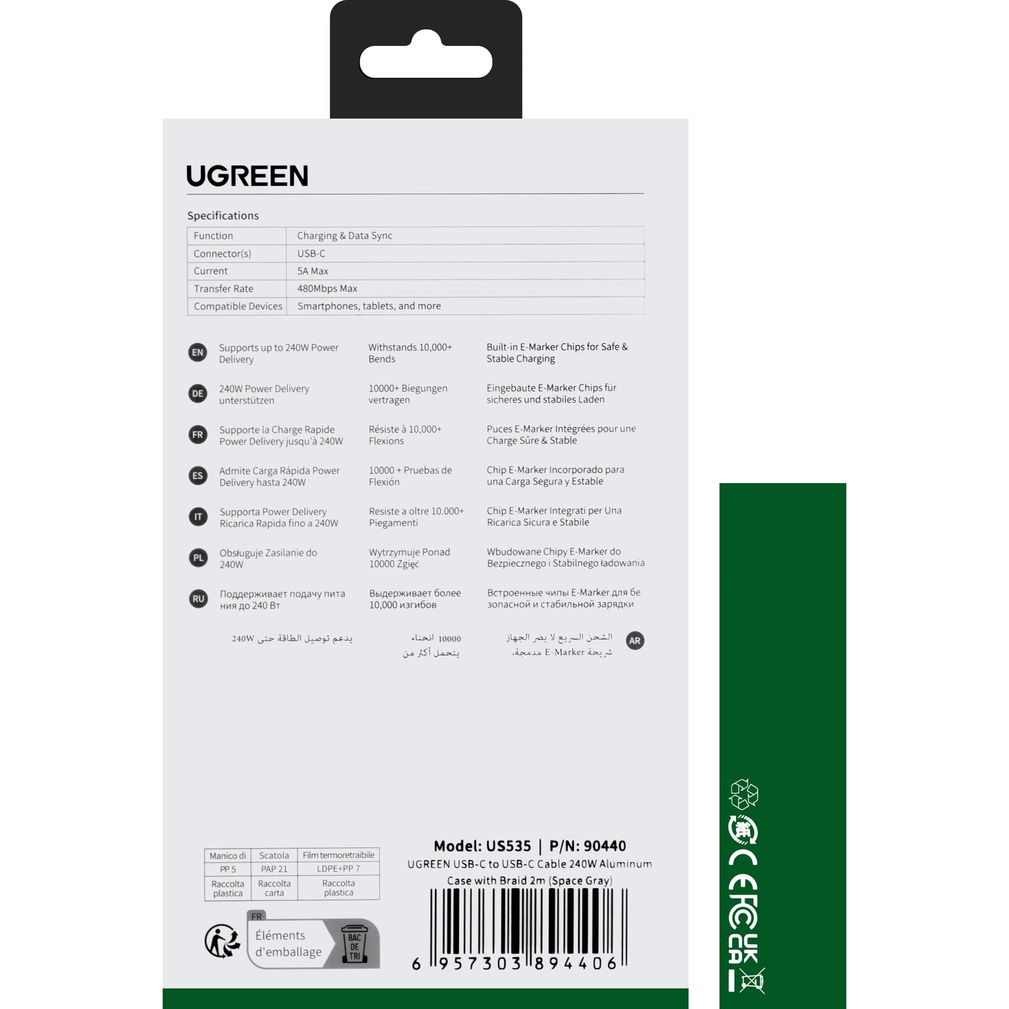 USB-C data- og ladekabel - USB-C UGREEN US535, 240 W, 2 m, grå 