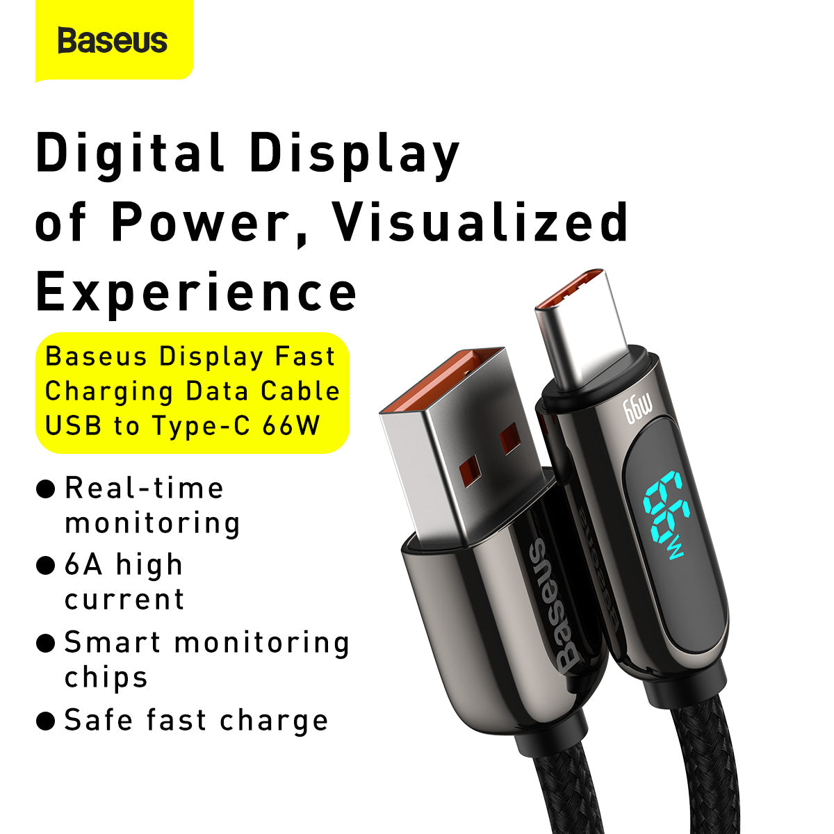 USB-A til USB-C data- og ladekabel fra Baseus, 66W, 2m, Svart CASX020101