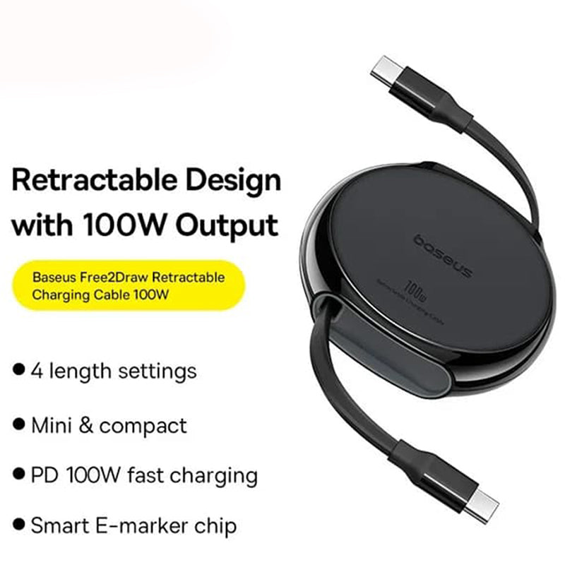 USB-C til USB-C Baseus Pathfinder Retractable data- og ladekabel, 100W, 1m, Svart P10368400111-00