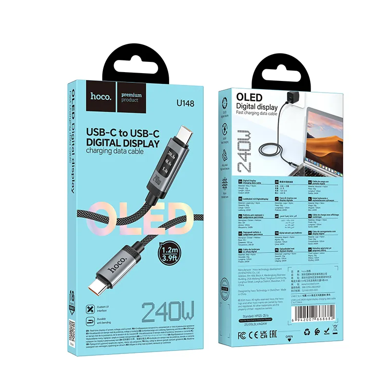 USB-C til USB-C data- og ladekabel HOCO Display U148, 240W, 1.2m, Svart