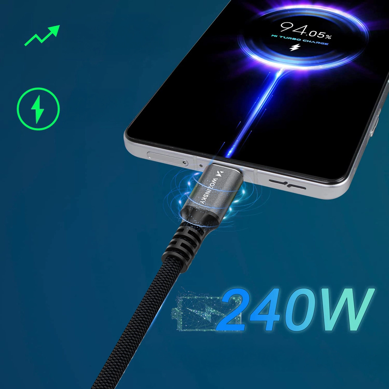 USB-C til USB-C data- og ladekabel WZK WPS-UY42S, 240W, 2m, Svart