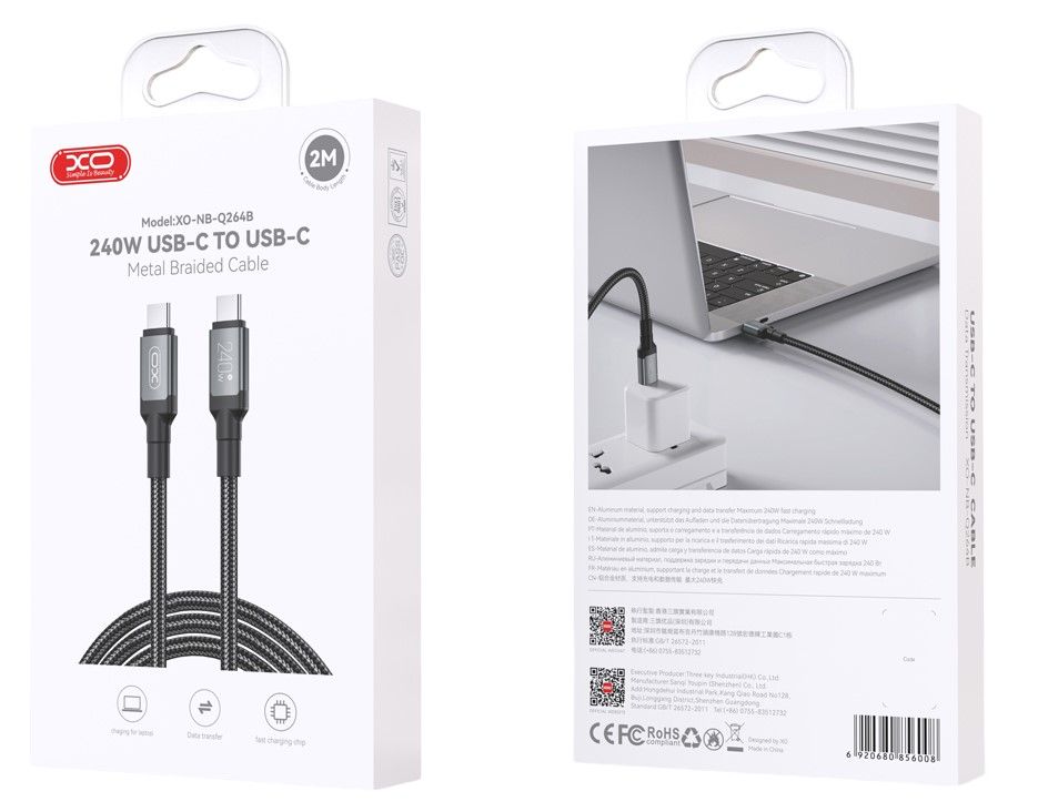 USB-C Data- og Ladekabel - USB-C XO Design NB-Q264B, 240W, 2m, Svart