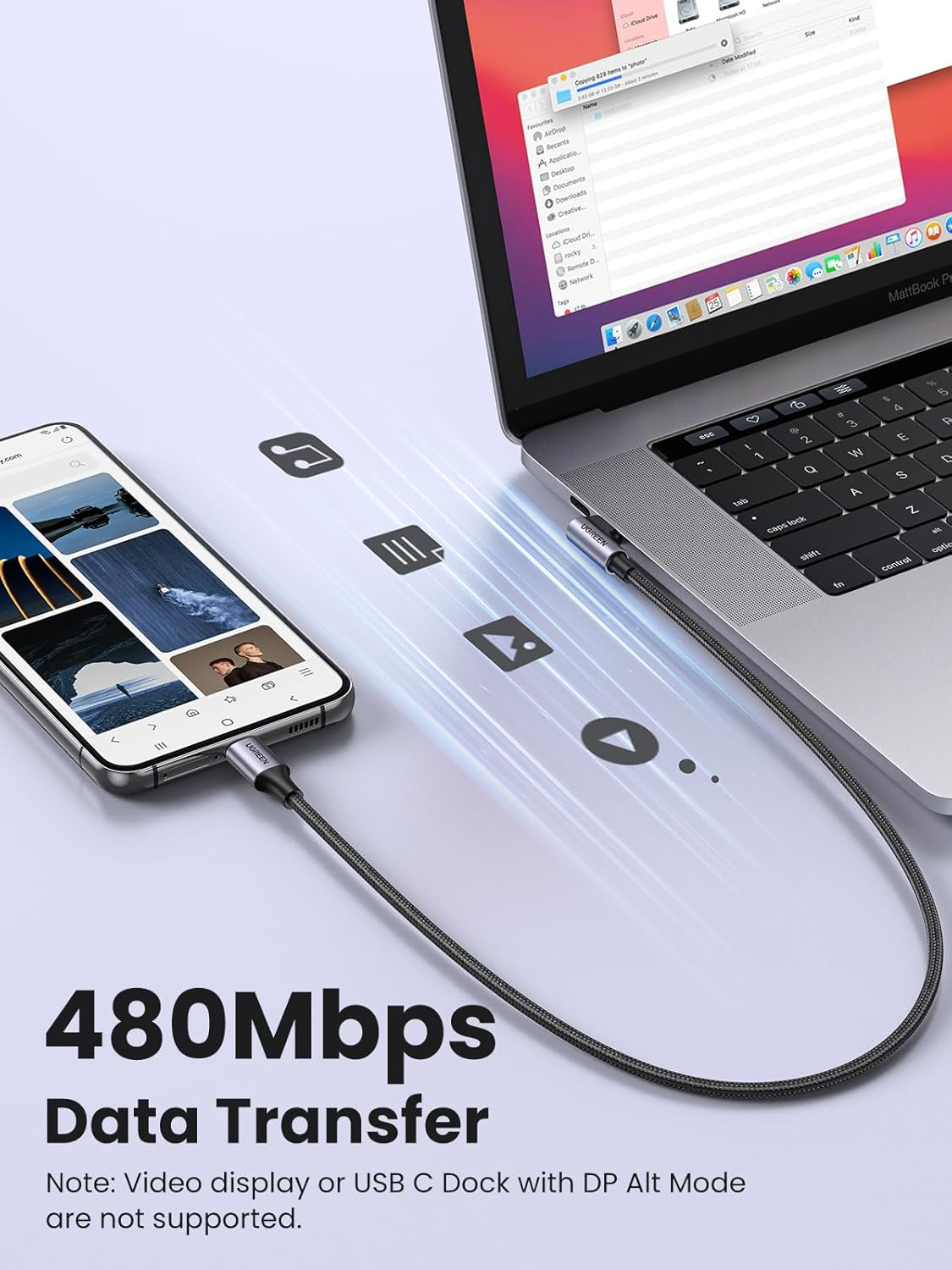 USB-C til USB-C data- og ladekabel UGREEN US255 Angled, 60W, 3m, Grå