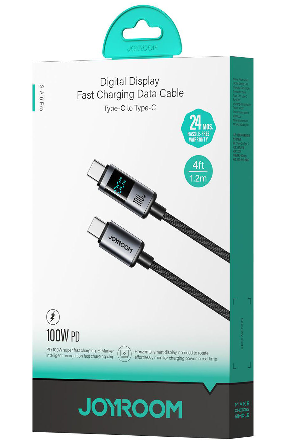 USB-C til USB-C data- og ladekabel Joyroom S-A16 Pro Prism Display, 100W, 1.2m, Svart