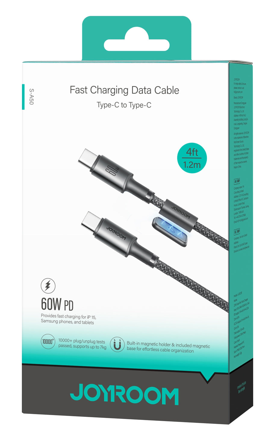 USB-C data- og ladekabel - USB-C Joyroom S-A50, 60W, 1.2m, Grå