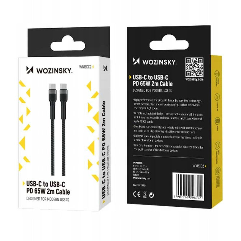 USB-C data- og ladekabel - USB-C WZK WNBCC2, 65W, 2m, Svart