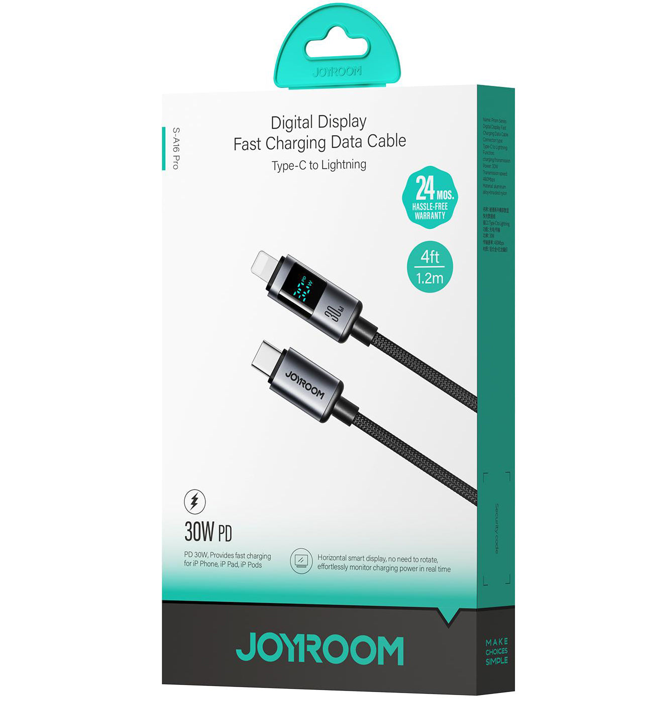 USB-C til Lightning-lade- og datakabel Joyroom S-A16 Pro Prism Display, 30W, 1.2m, Svart