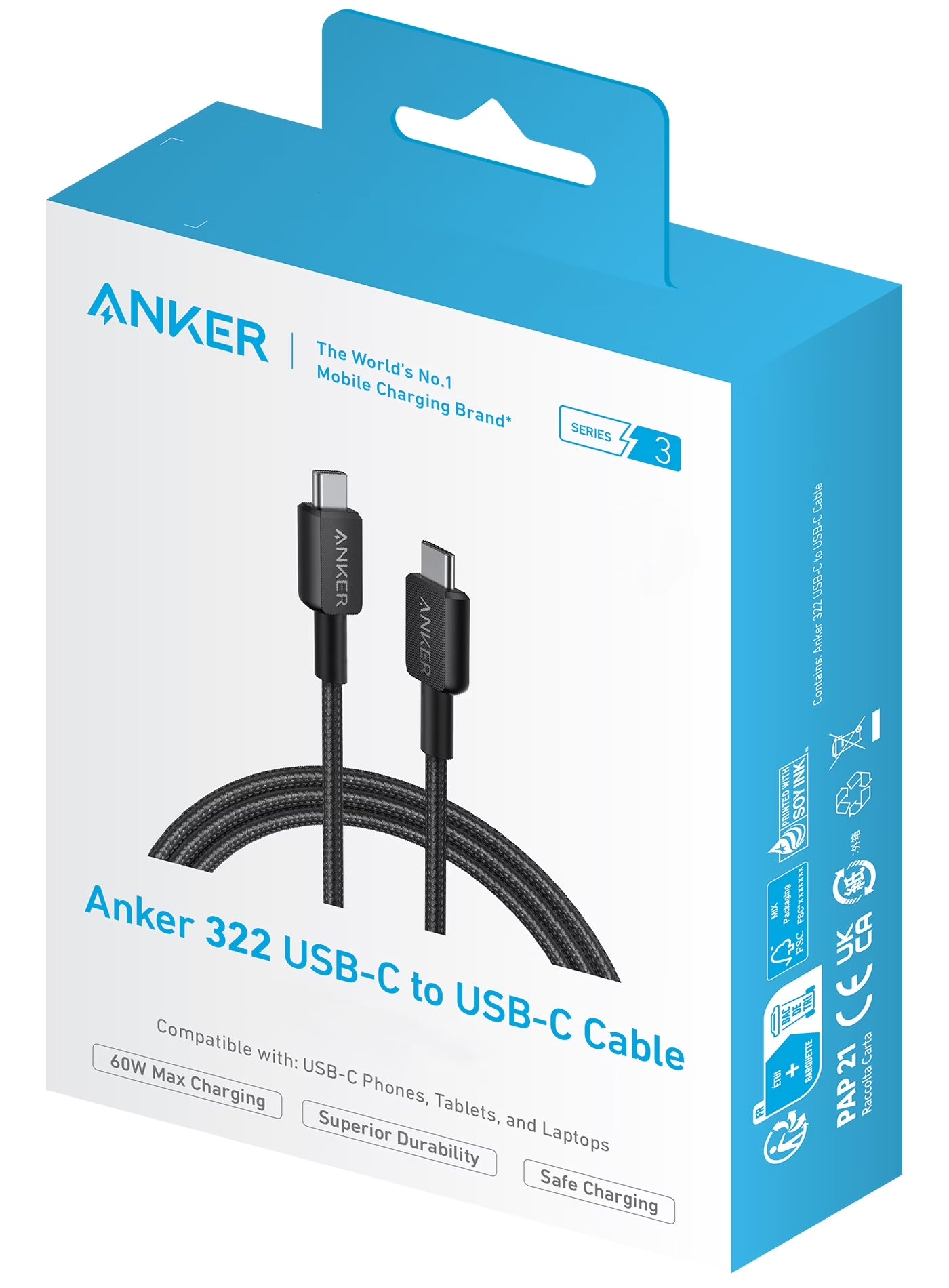 USB-C data- og ladekabel - USB-C Anker 322, 60W, 0.9m, Svart A81F5G11