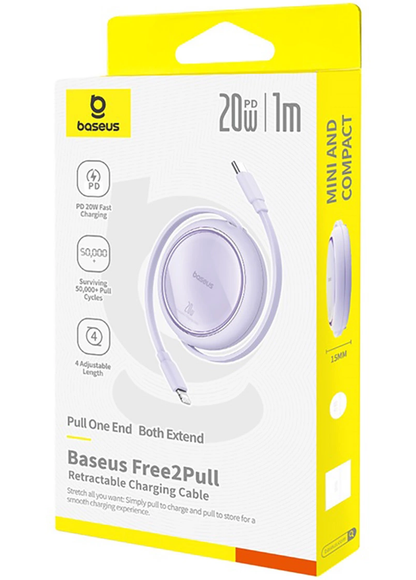 USB-C til Lightning data- og ladekabel Baseus Free2Pull Mini uttrekkbar, 20W, lilla P10364501511-00