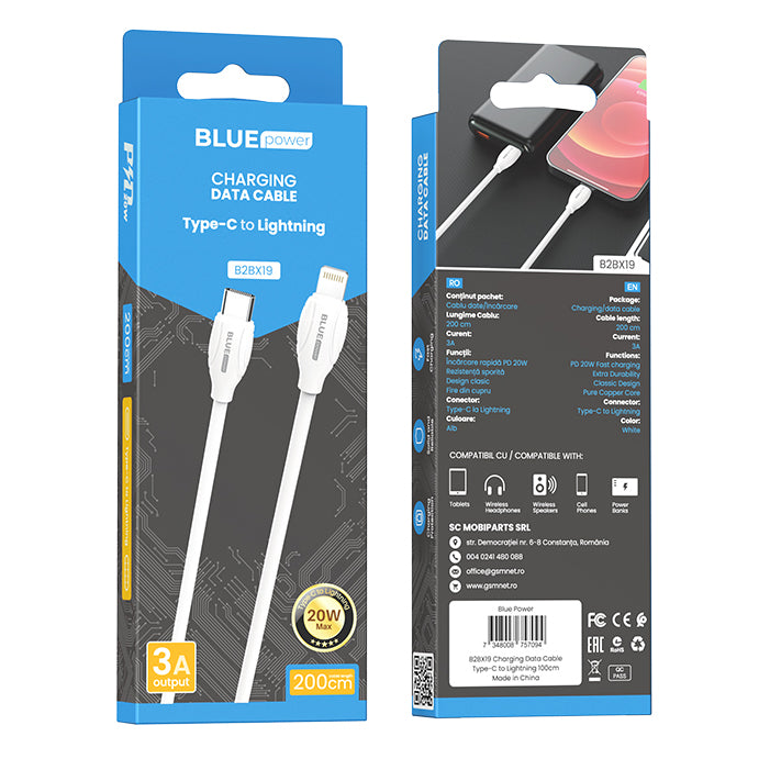 USB-C - Lightning data- og ladekabel BLUE Power B2BX19, 18 W, 2 m, hvit