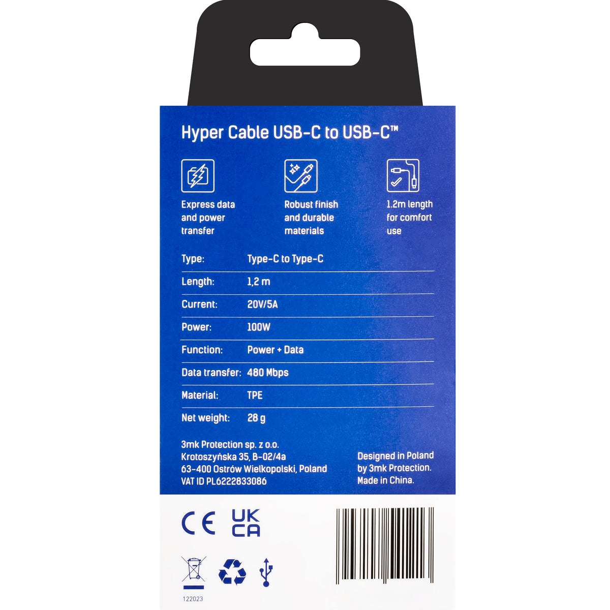 USB-C data- og ladekabel - USB-C 3MK Hyper, 100W, 1.2m, Svart