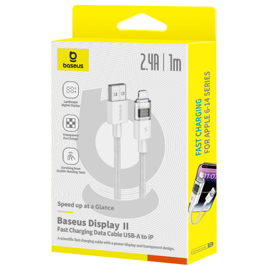 USB-A - Lightning Baseus Display 2 data- og ladekabel, 18W, 1m, Hvit P10382700211-00