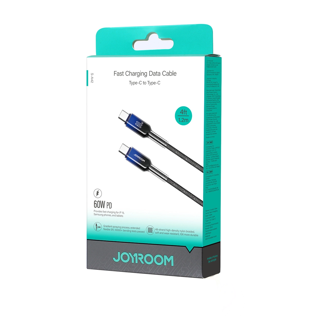 USB-C data- og ladekabel - USB-C Joyroom S-A42, 60W, 1.2m, Svart