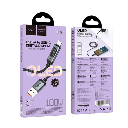 USB-A - USB-C HOCO Display U148 data- og ladekabel, 100W, 1.2m, Svart