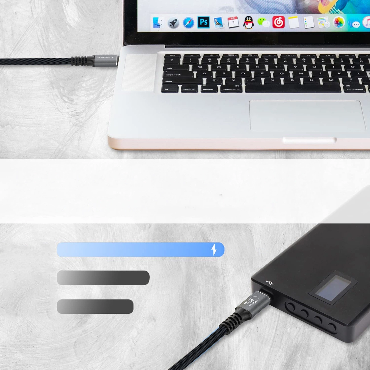 USB-C til USB-C data- og ladekabel WZK WPS-UY42S, 240W, 2m, Svart
