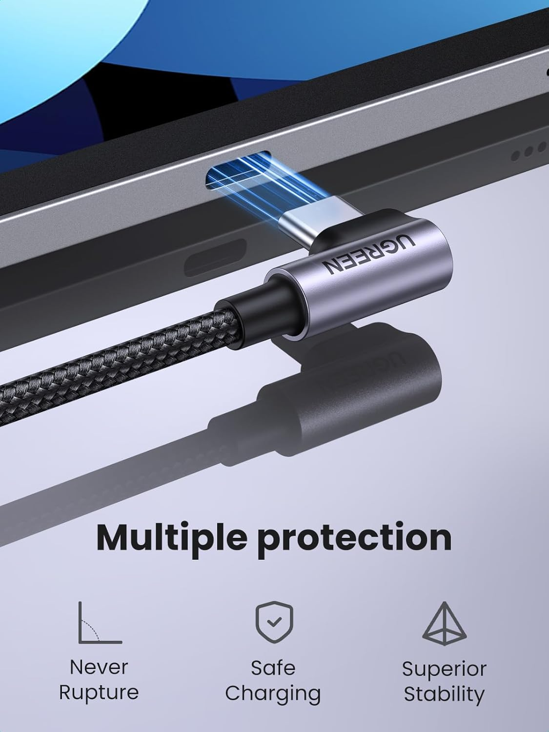USB-C til USB-C data- og ladekabel UGREEN US255 Angled, 60W, 3m, Grå