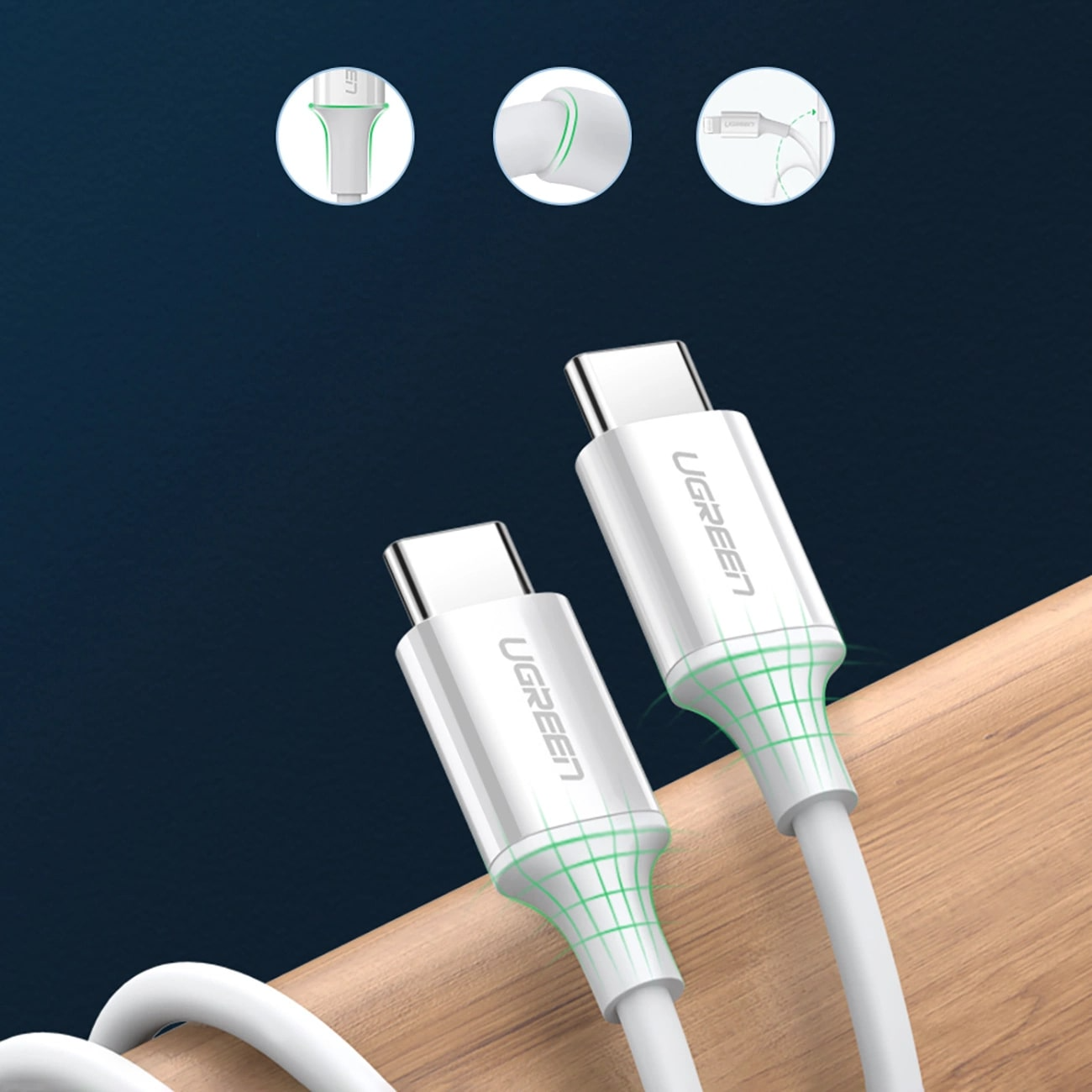 USB-C til USB-C data- og ladekabel UGREEN US264, 60W, 0.5m, Hvit
