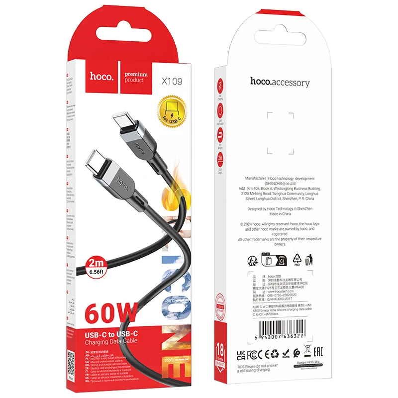 USB-C Data- og ladekabel - USB-C HOCO X109, 60W, 2m, Svart
