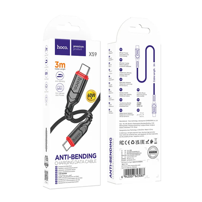 USB-C Data- og ladekabel - USB-C HOCO X59 Victory, 60W, 3m, Svart