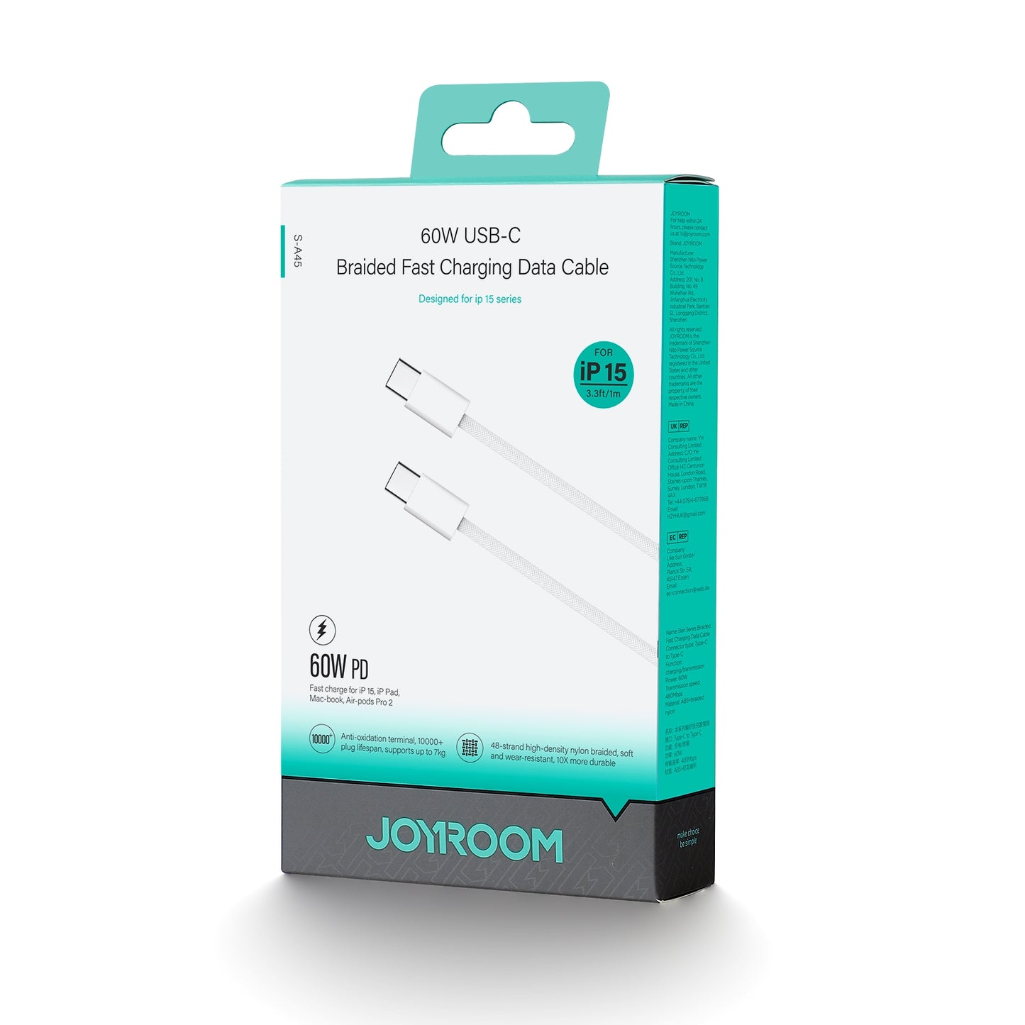 USB-C data- og ladekabel - USB-C Joyroom S-A45, 60 W, 1 m, hvit 