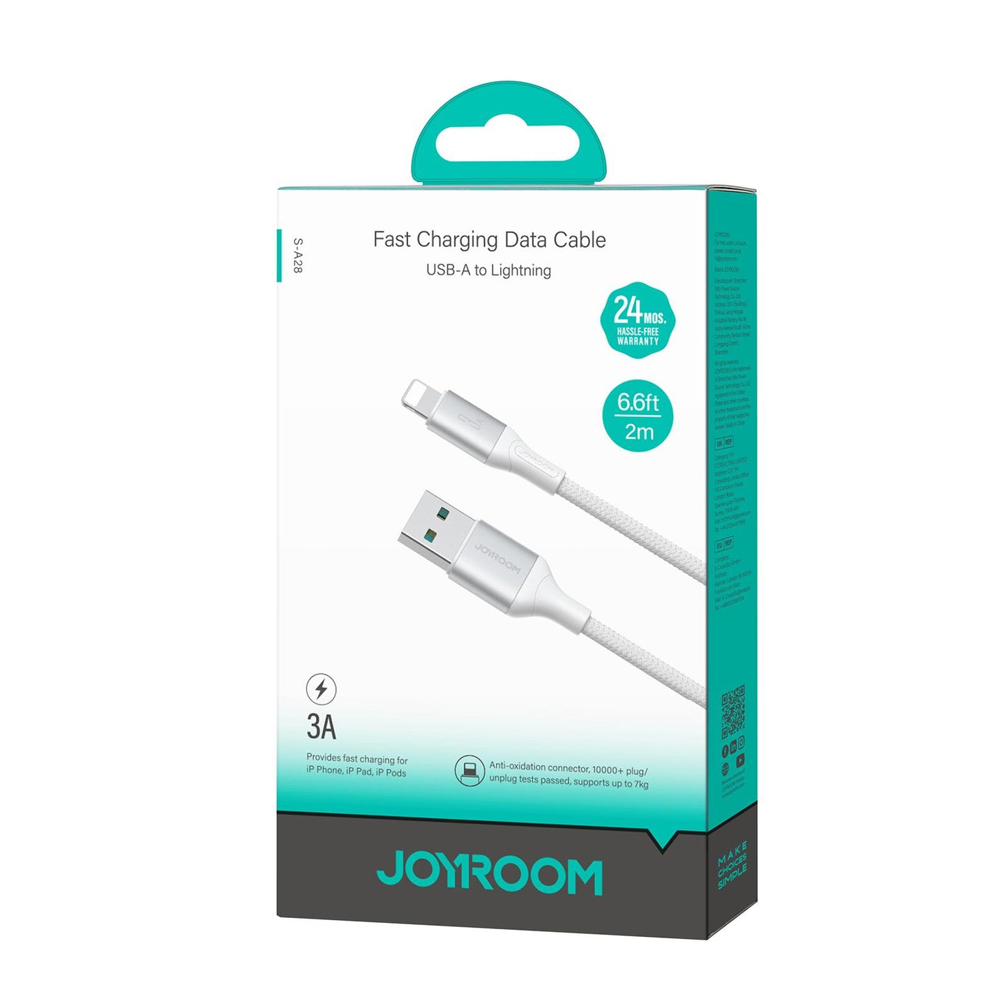 USB-A - Lightning Joyroom S-A28 Flash data- og ladekabel, 18W, 2m, Hvit