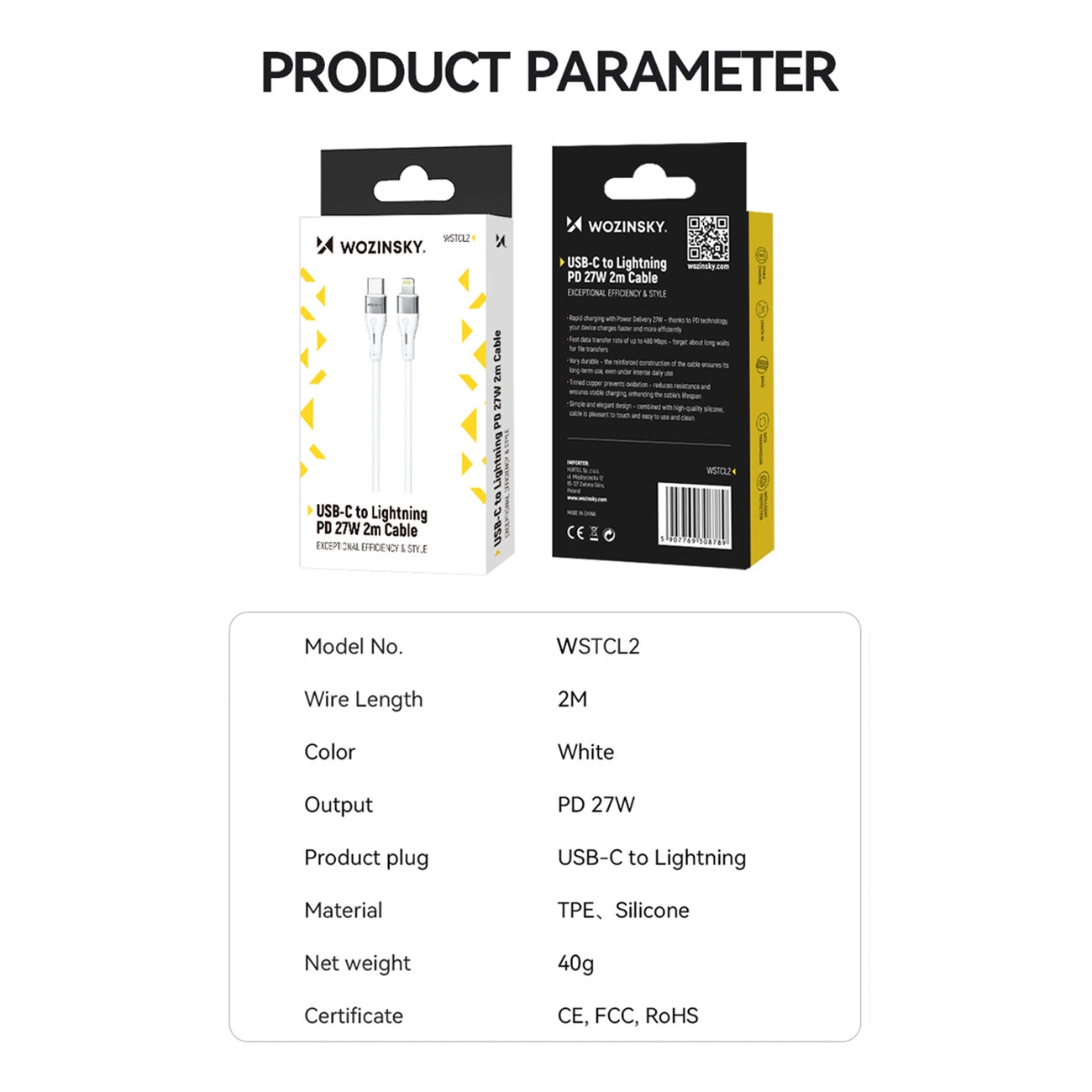 USB-C - Lightning Data- og Ladekabel WZK WSTCL1, 27W, 1m, Hvit
