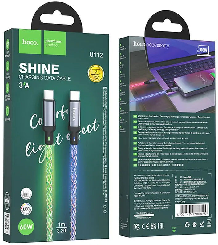 USB-C til USB-C Data- og Ladekabel HOCO U112, 60W, 1m, Grå