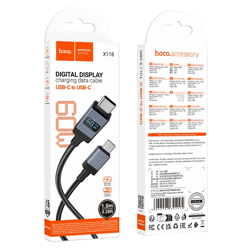 USB-C til USB-C data- og ladekabel HOCO X118 Display, 60W, 1m, Svart