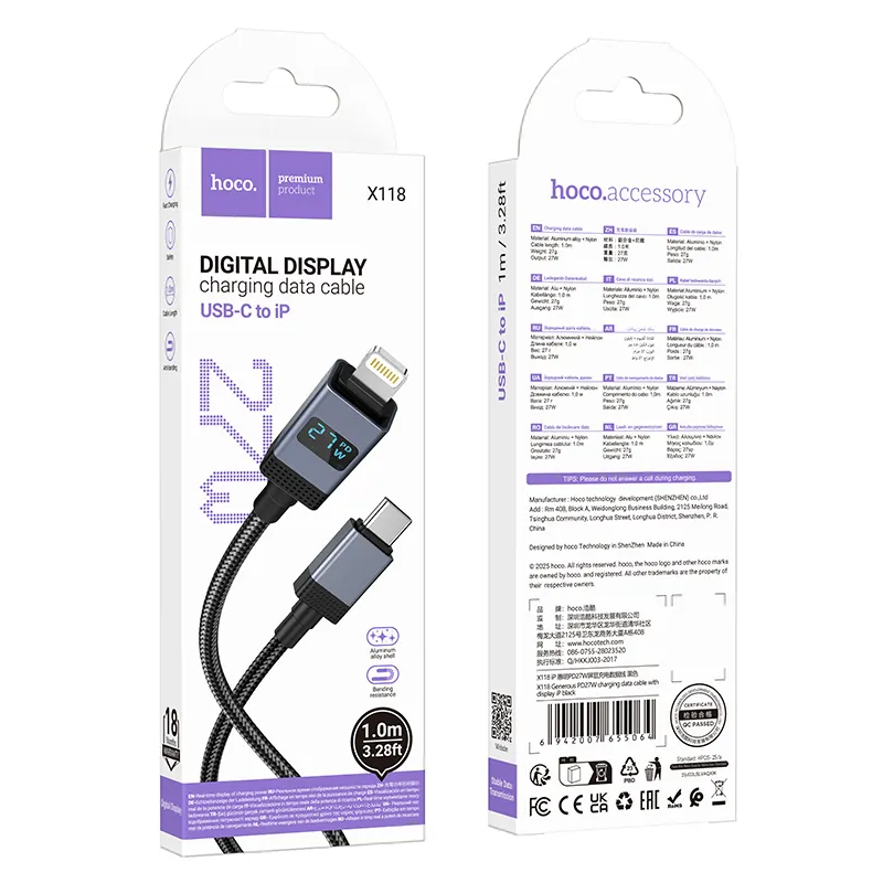 USB-C til Lightning Data- og Ladekabel HOCO X118 Display, 27W, 1m, Svart
